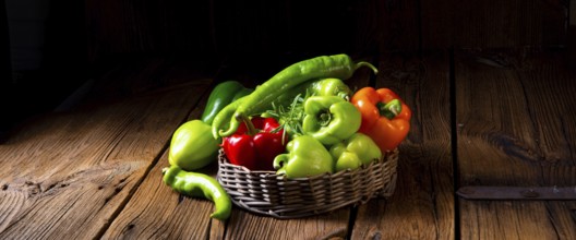Various harvested peppers and hot peppers in basket