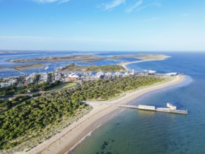 Aerial views of Queenscliff pier and Sorrento ferry area at dusk on a summer's day on the Bellarine