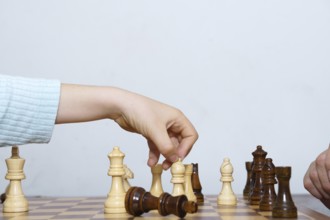 Close-up of a child's hands playing chess with a white background and copy space