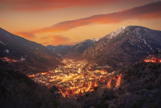 Andorra la Vella skyline at sunset in Pyrenees mountains