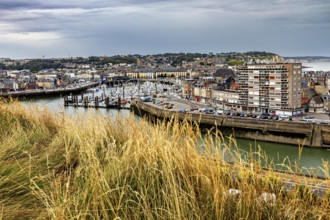 Tall grasses in the foreground, behind them a harbour with boats and a cityscape under a cloudy