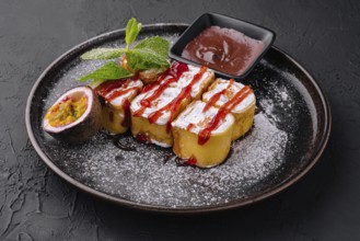 Food, Delicious fruit sushi rolls in pancake with cottage cheese