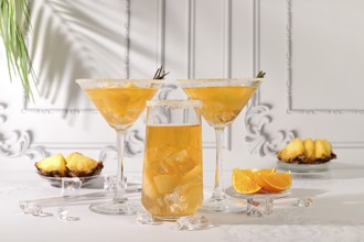 Summer party concept. Lemonade royal cocktail, martini or punch made of tequila, rum and vodka with