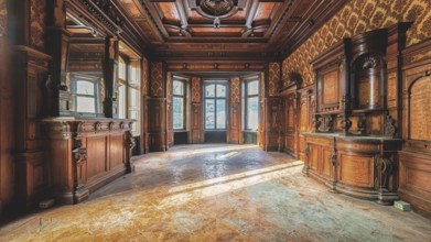 An empty, historic room with wood panelling and rays of light falling in, Villa Woodstock, Lost