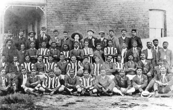 A football team of passive resisters in South Africa, 1913. Back row sixth from left: Gandhi and