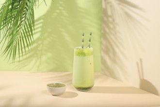 Green tea matcha latte in a glass with bamboo tubes on a modern light background with palm leaves