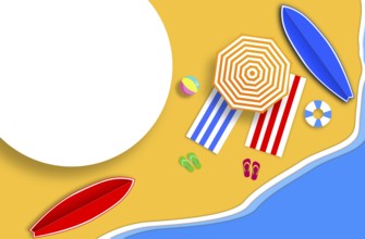 Summer background with a clean sandy beach, blue sea, striped umbrella, rugs, thongs, lifebuoy,