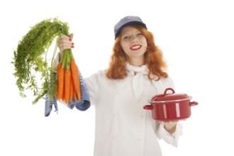 Female cook chef with red hair and baked bread isolated over white background