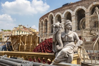 Verona, Italy, June 2022: preparing the stage for the thetre performance in the famous Arena di