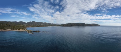 A panorama drone view of Laconella and Lacona Beach on the island of Elba