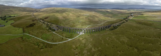 Ribblehead Viaduct, railway viaduct in the Yorkshire Dales, drone image, Carnforth, England, Great