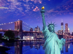 Liberty Statue and Brooklyn bridge New York American Symbols USA photomount
