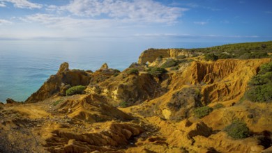 Panorama landscape on the seven hanging valleys famous hike on the Algarve coast in Portugal.