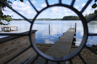 View over the Scharmützelsee with a jetty, Bad Saarow, Brandenburg, Germany