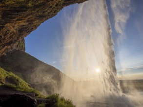 Seljalandsfoss waterfall, backlight shot, South Iceland, Iceland