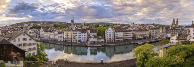 Zurich city skyline panorama at Limmat River and Grossmunster Church, Zurich, Switzerland