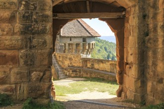 Medieval passageway, round tower, Hohen Rechberg castle ruins, Baden-Württemberg