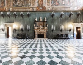 Turin, Italy -Royal Palace Entrance. Classic hall, luxury marble, room perspective