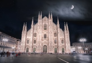 Night picture with the Cathedral of Milan, known also as the Duomo of Milan, with a beautiful sky