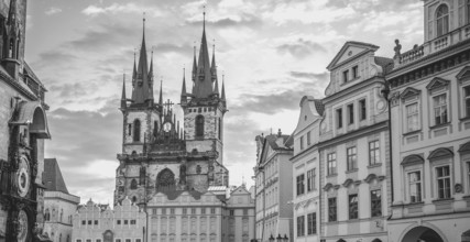 Black and white image with the Church of our Lady before Tyn and other historical buildings from