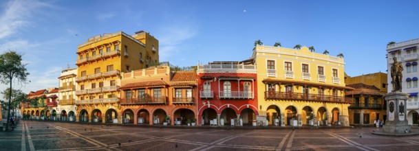 Panorama of an ensemble of colorful historic buildings on a sunny day in Cartagena, Colombia,