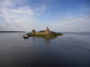 Aerial view on fortress Oreshek on island in Neva river near Shlisselburg town, Leningrad region,