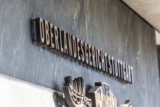 New courtroom building of the Higher Regional Court OLG, state coat of arms. Stammheim, Stuttgart,