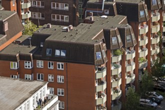 City view from above of apartment blocks with balconies, Hamburg, Germany