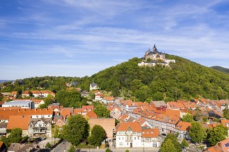 Aerial view of the district Nöschenrode with castle, in the foreground half-timbered houses Schöne