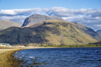 View of Caol Beach and Nevis Range Mountains, Corpach, Fort William, Highland, Scotland, UK