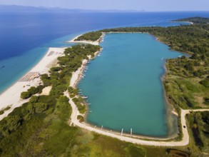 Aerial view, lagoon, beach and harbour, Glarokavos, Pallini, Kassandra Peninsula, Chalkidiki,