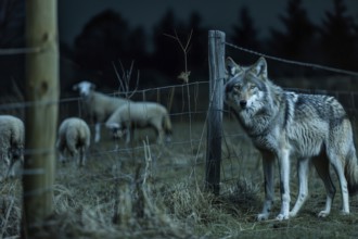 A wolf stands at a pasture fence at night and observes a grazing flock of sheep, symbolic image for