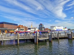 Maritime atmosphere in the harbour at the end of the Kiel Fjord, jetty, liner ships, Sweden ferry