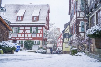 Snow-covered village street with half-timbered houses and a peaceful winter atmosphere,