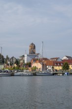 View of the town with St Peter's Church and the Peene River, Wolgast, Usedom Island,