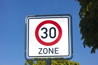 Traffic sign, road sign, traffic sign, 30 zone, start of zone with maximum speed limit 30 km/h,