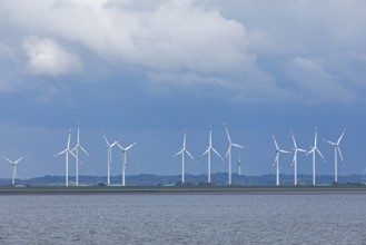 North Sea, clouds, wind turbines near Bredstedt, North Frisia, Schleswig-Holstein, Germany