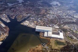 Thyssenkrupp Marine Systems, shipyard, Wismar, Mecklenburg-Western Pomerania, Germany, aerial view