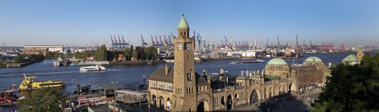 Elevated view of the St. Pauli landing stages with a view of Hamburg harbour, St. Pauli, Hamburg,