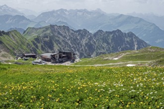 Edmund-Probst-Haus and Höfatsblick mountain station of the Nebelhornbahn, mountains of the Allgäu
