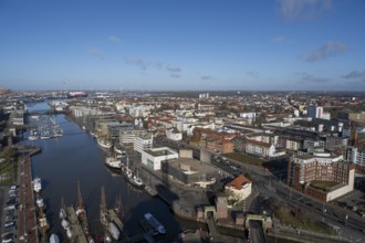 City view with Neuer Hafen and Kaiserhafen, view from the observation deck of the Sail-City