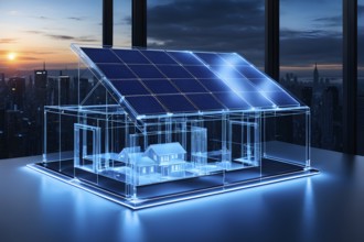 Hologram blue eco house with solar on table, ai generated, AI generated