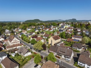 Aerial view of the municipality of Rielasingen-Worblingen, centre of Worblingen with the church of