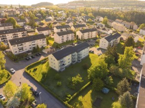 Bird's eye view of housing estate with green spaces and apartment blocks, Calw, Black Forest,