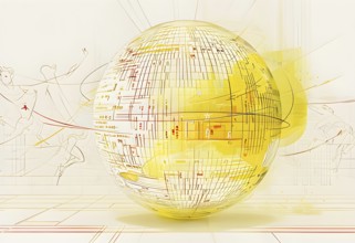 Illustration of an abstract, vibrant yellow colored rotating digital sphere with patterns
