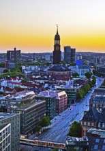 City view from above with the main church St Michaelis and the Dancing Towers at sunset, Hamburg,