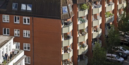 City view from above of apartment blocks with balconies, Hamburg, Germany