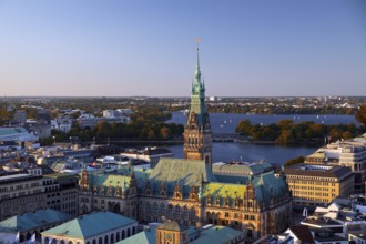 City view from above with the town hall and the Alster, Hamburg, Germany