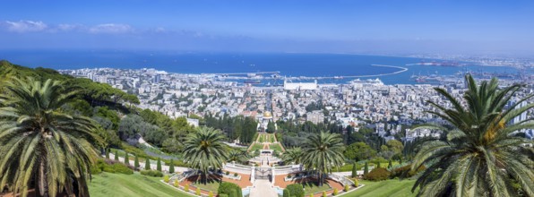 Bahai Garden in Haifa, Israel, a scenic panoramic landmark of hanging gardens and Haifa sea shore