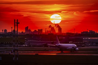Cologne Bonn Airport in the evening with sunset and sunset. Cologne, North Rhine-Westphalia,